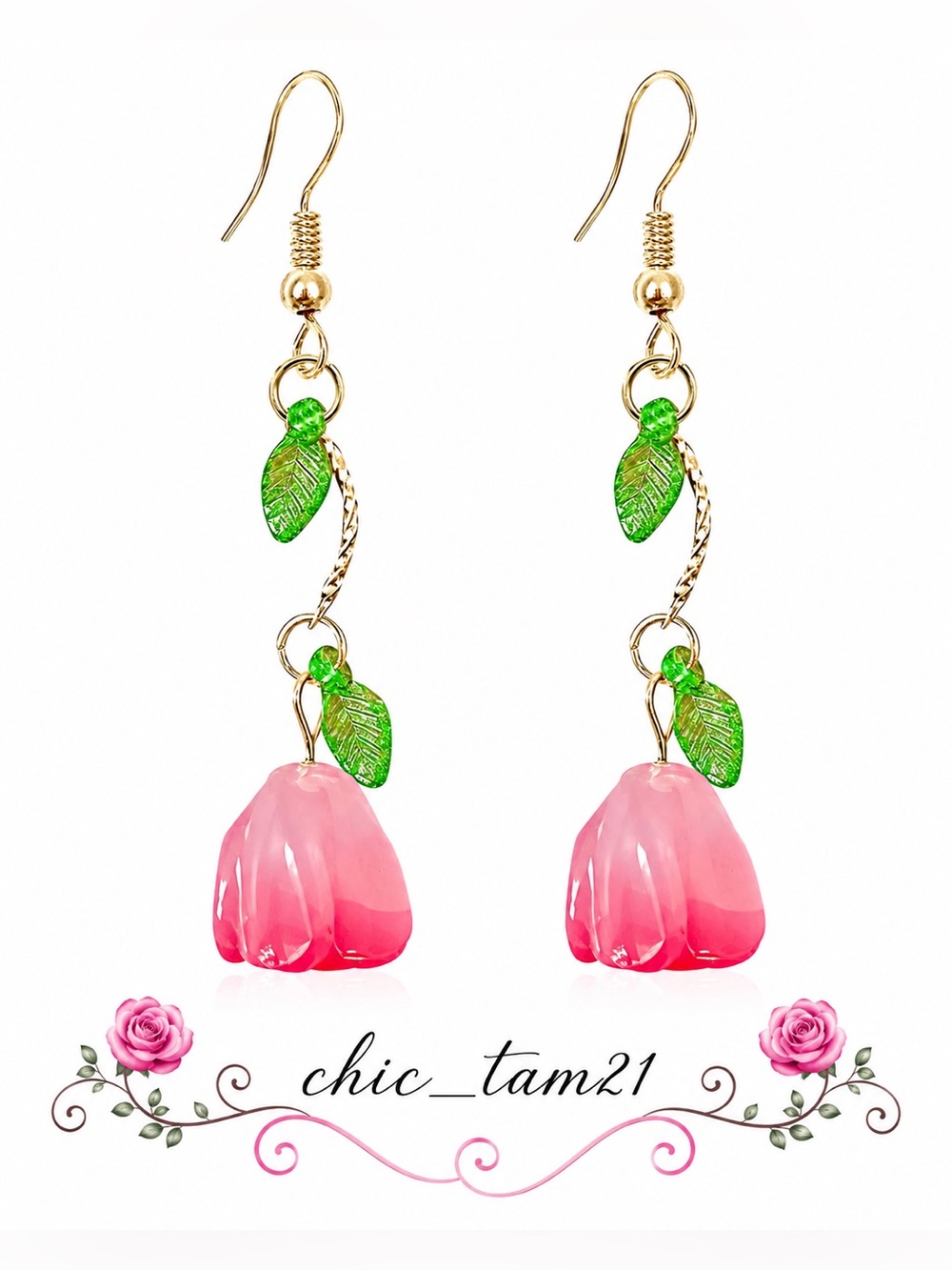 Pink Flower Handmade Drop Earrings with Green Leaf Accents